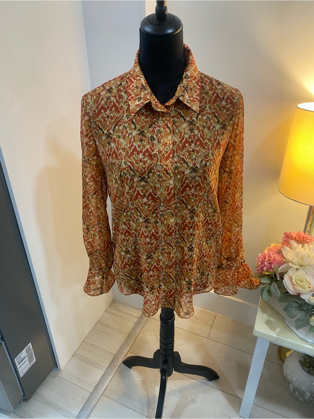 Zara Rust Multi Print Button-Down Blouse